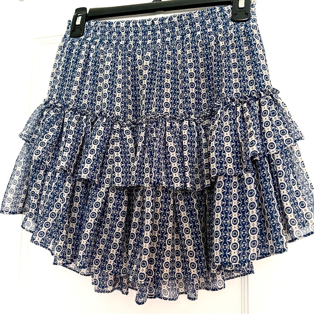 MISA Los Angeles Floral Flounce Mini Skirt, Blue and White, Size XS - Pre-Owned - Picture 2 of 5